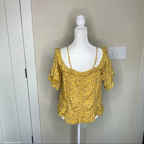 American Eagle Yellow and Blue Floral Print Off The Shoulder Top Ruffles Straps - Picture 3 of 12